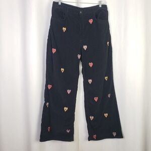 Farm Rio Anthropologie Black Corduroy Heart Embroidered Wide Leg Pants XL